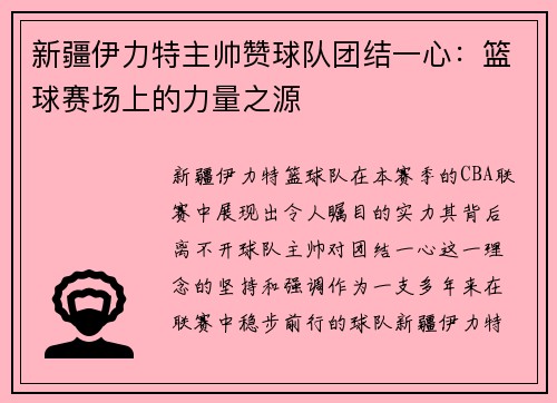 新疆伊力特主帅赞球队团结一心：篮球赛场上的力量之源