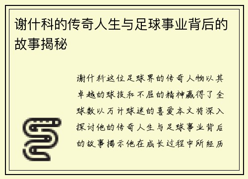 谢什科的传奇人生与足球事业背后的故事揭秘